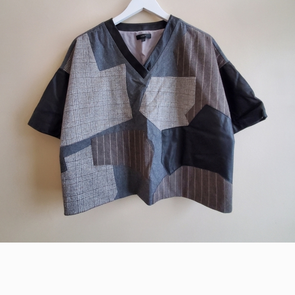J. Crew Women's Patchwork Short Sleeve Top - Black and Gray - Wool And Leather 6